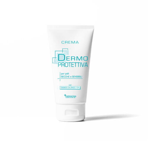 crema-dermoprotettiva-farmazan-tubo-da-50-ml Crema dermoprotettiva Farmazan. Vista frontale del tubetto bianco con scritte verde acqua. Formato da 50 ml con tappo a vite.