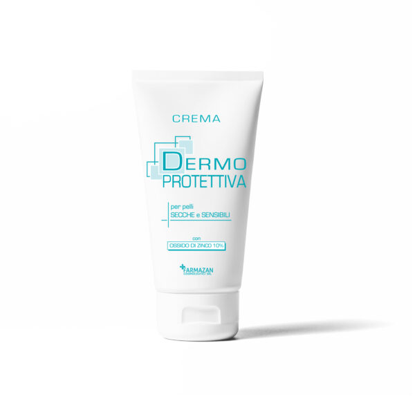 Crema dermoprotettiva Farmazan. Vista frontale del tubetto bianco con scritte verde acqua. Formato da 50 ml con tappo a vite.