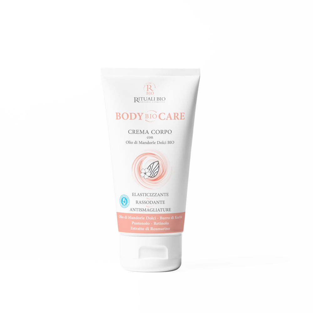 Crema per smagliature Body Bio Care di Rituali Bio by Farmazan. Vista frontale del tubetto bianco con scritte rosa da 200 ml.