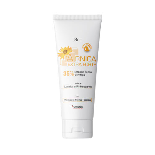 gel-arnica-extra-forte-farmazan-tubetto-da-100-ml-fronte Gel Arnica Extra Forte Farmazan. Vista frontale del tubetto bianco con tappo a vite da 100 ml.