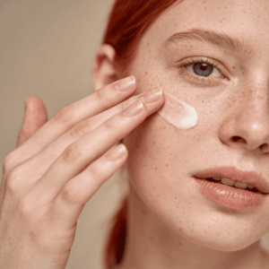 Giovane donna con i capelli rossi legati in una coda e la pelle molto chiara, che si spalma sul viso della crema base