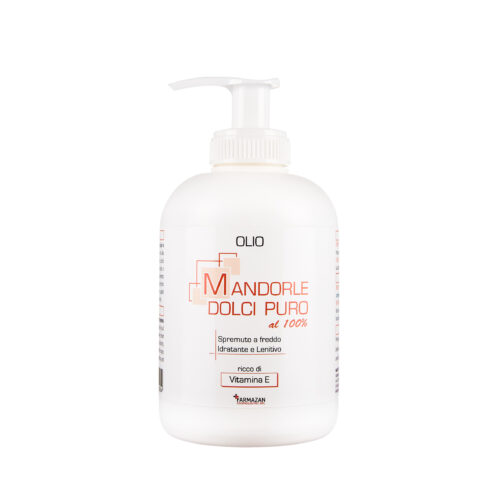olio-mandorle-dolci-farmazan-flacone-con-dispenser-250-ml Olio di Mandorle Dolci Farmazan. Vista frontale del flacone bianco con dispenser da 250 ml.