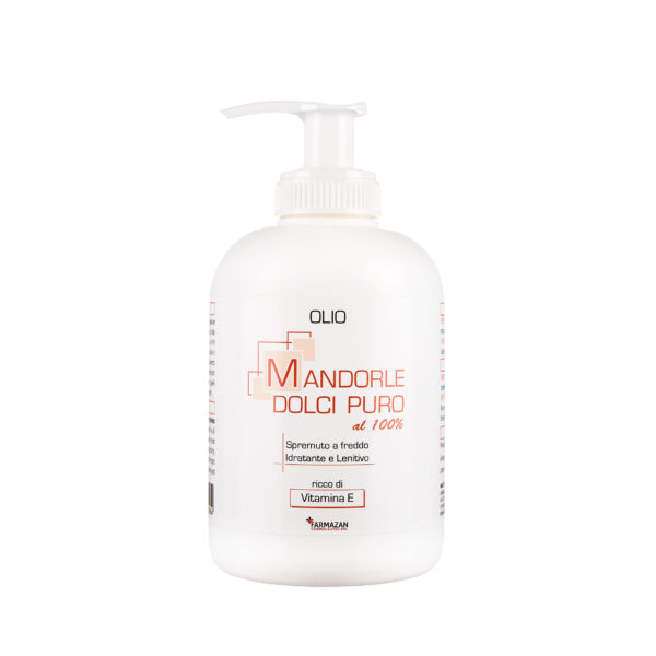 olio-mandorle-dolci-farmazan-flacone-con-dispenser-250-ml Olio di Mandorle Dolci Farmazan. Vista frontale del flacone bianco con dispenser da 250 ml.