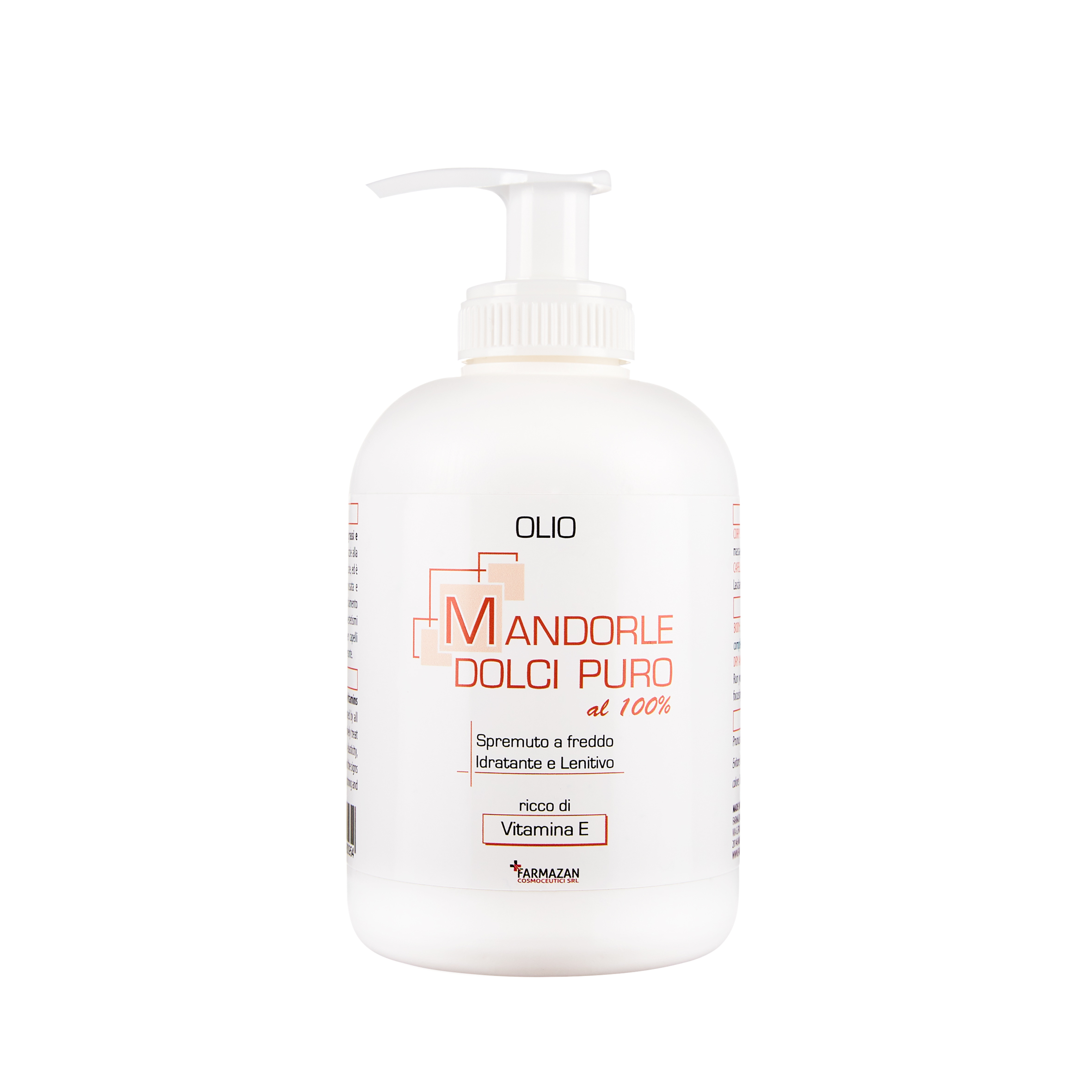 Olio di Mandorle Dolci Farmazan. Vista frontale del flacone bianco con dispenser da 250 ml.