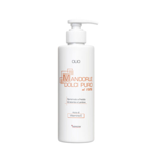 Olio di Mandorle Dolci Farmazan. Vista frontale del flacone bianco con dispenser da 500 ml.