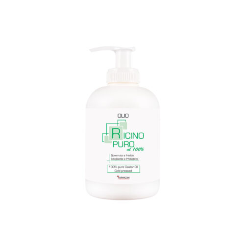 olio-ricino-farmazan-flacone-con-dispenser-da-250-ml Olio di Ricino Farmazan, vista frontale del flacone bianco con dispenser da 250 ml.