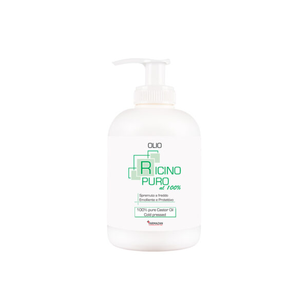 olio-ricino-farmazan-flacone-con-dispenser-da-250-ml Olio di Ricino Farmazan, vista frontale del flacone bianco con dispenser da 250 ml.