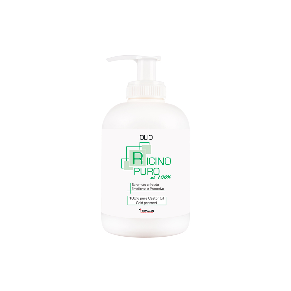 Olio di Ricino Farmazan, vista frontale del flacone bianco con dispenser da 250 ml.