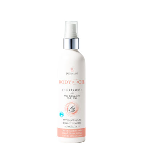 olio-smagliature-body-bio-oil-flacone-da-125-ml Olio per smagliature Body Bio Oil di Rituali Bio by Farmazan. Vista frontale del flacone bianco con scritte rosa chiaro e ghiera argentata intorno al tappo.