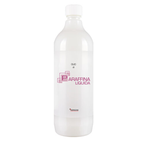 paraffina-liquida-farmazan-flacone-da-1000-ml Paraffina liquida Farmazan. Immagine frontale del flacone bianco con scritte magenta da 1000 ml.