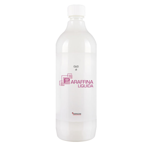paraffina-liquida-farmazan-flacone-da-1000-ml Paraffina liquida Farmazan. Immagine frontale del flacone bianco con scritte magenta da 1000 ml.