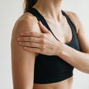 Primo piano della torso di una donna, che indossa un top sportivo nero e che si massaggia la spalla. 