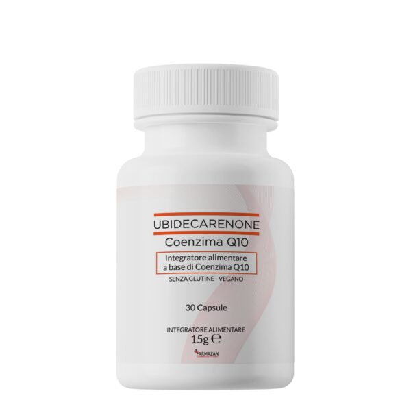coenzima-q10-farmazan-confezione-da-30-capsule-molli Coenzima Q10 Farmazan, vista frontale del flacone bianco da 30 capsule