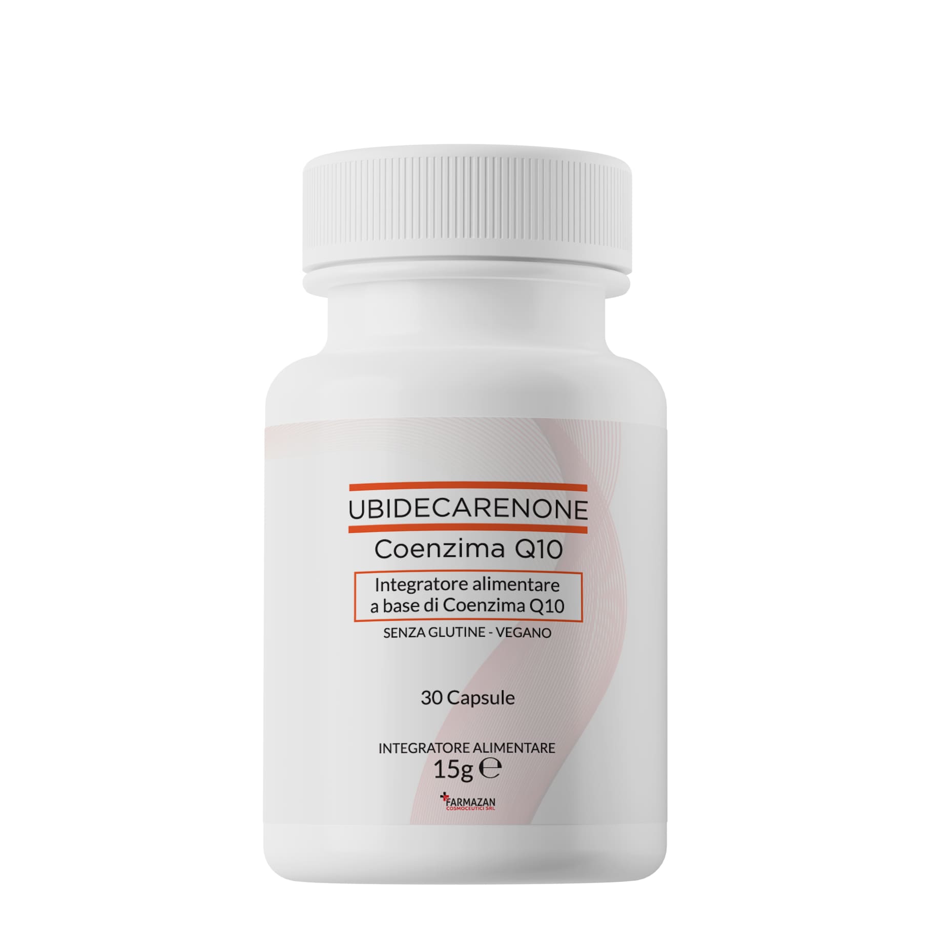 Coenzima Q10 Farmazan, vista frontale del flacone bianco da 30 capsule