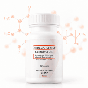 Vista frontale del flacone di Coenzima Q10 Farmazan, con sul retro la molecola stilizzata dell'ingrediente in colore arancione chiaro