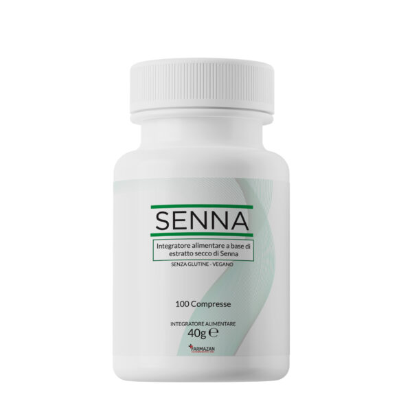 senna-in-compresse-farmazan-confezione-da-300-capsule Senna in compresse Farmazan. Vista frontale del flacone da 100 compresse