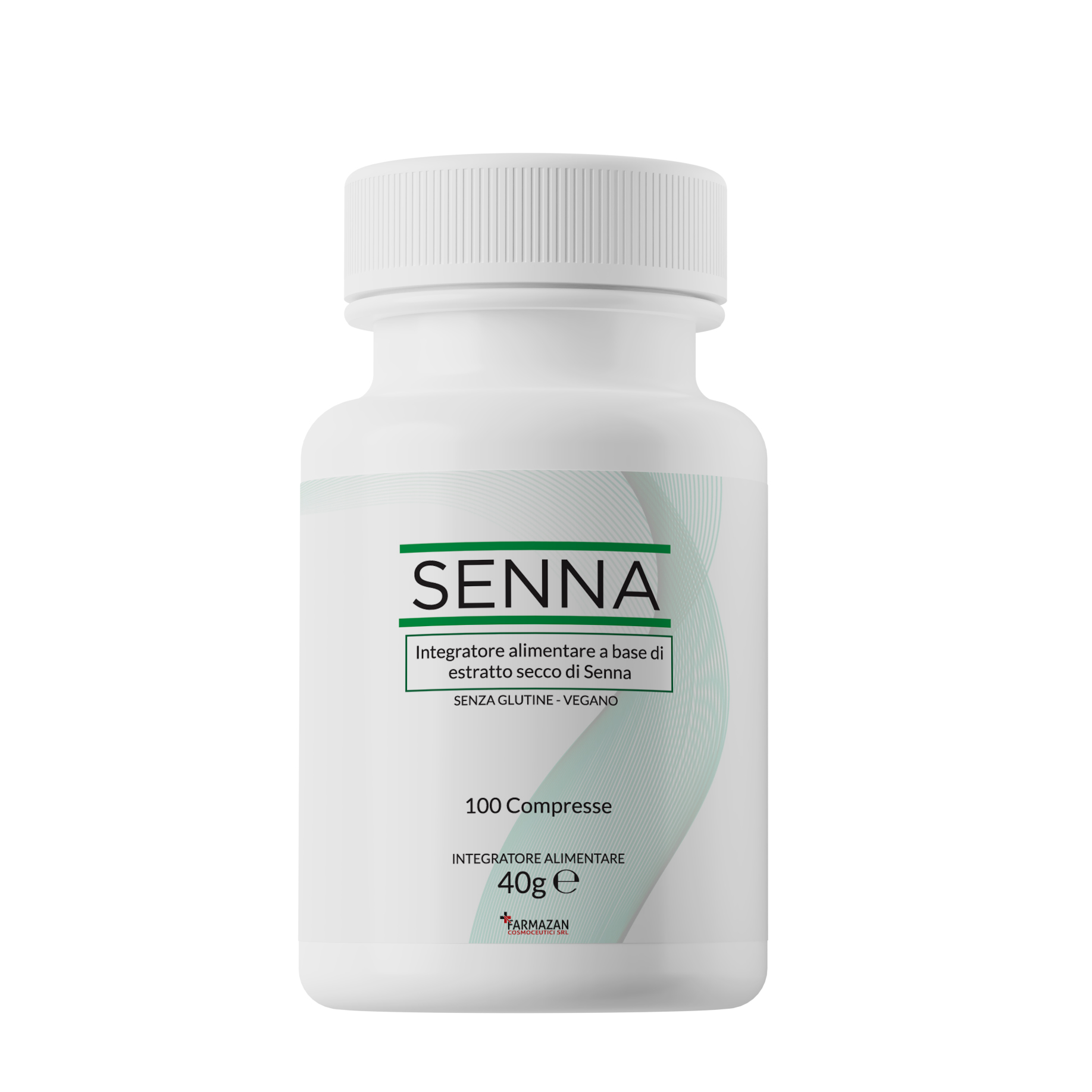 Senna in compresse Farmazan. Vista frontale del flacone da 100 compresse